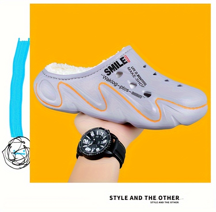 Men's Winter Clogs with Fleece Lining - Warm, High Quality, Non-Slip EVA Sole, Black & Orange Design, Indoor/Outdoor Use, Large Size Options, Indoor Footwear | Casual Slipon | Durable Traction Footwear