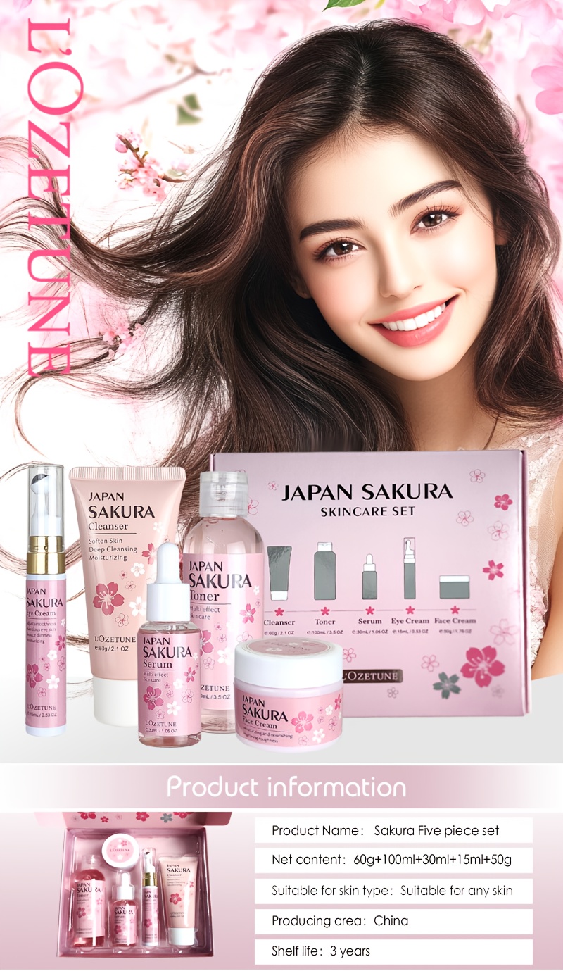 Cherry Blossom Skincare and Beauty Care Set, Includes Moisturizing Toner, Eye Cream, Facial Cleanser, Face Cream, and Cherry Blossom Essence. Suitable for All Skin Types: Dry, Normal, and Combination. Ideal for Post-facial Hair Removal Beauty Care.