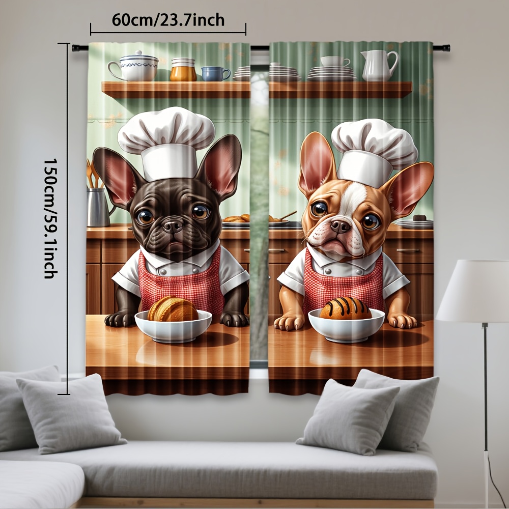 TEMU 2pcs French Bulldog Chef Kitchen Curtains Set - Cute French Cooking With Chef Hats & Ingredients, Semi-sheer Window Drapes For Farmhouse, Living