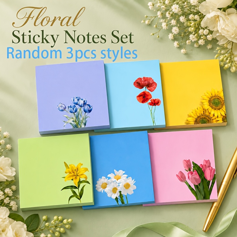 TEMU 3pcs Floral Sticky Notes, Assorted Styles, 3 X 3 Inches, Cute Flower Self-adhesive Notes, Colorful Decorative Notepads, Suitable For Desks,