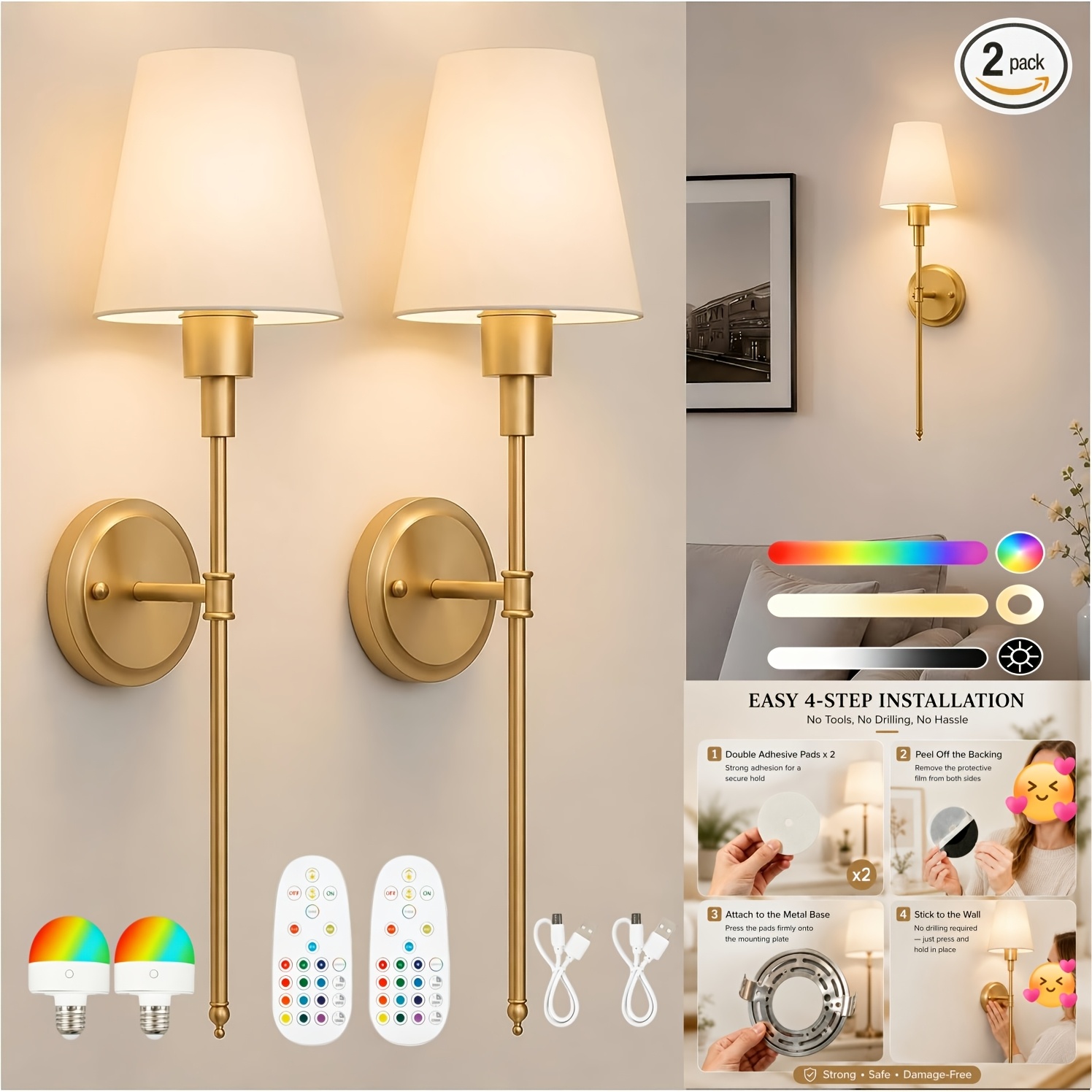 TEMU Battery Operated Wall Sconce: Set Of 2 Wireless Wall Lights 5000mah, 15-color Rechargeable Wall Sconces, Sconce Wall Decor Set Of 2 For Bedroom,
