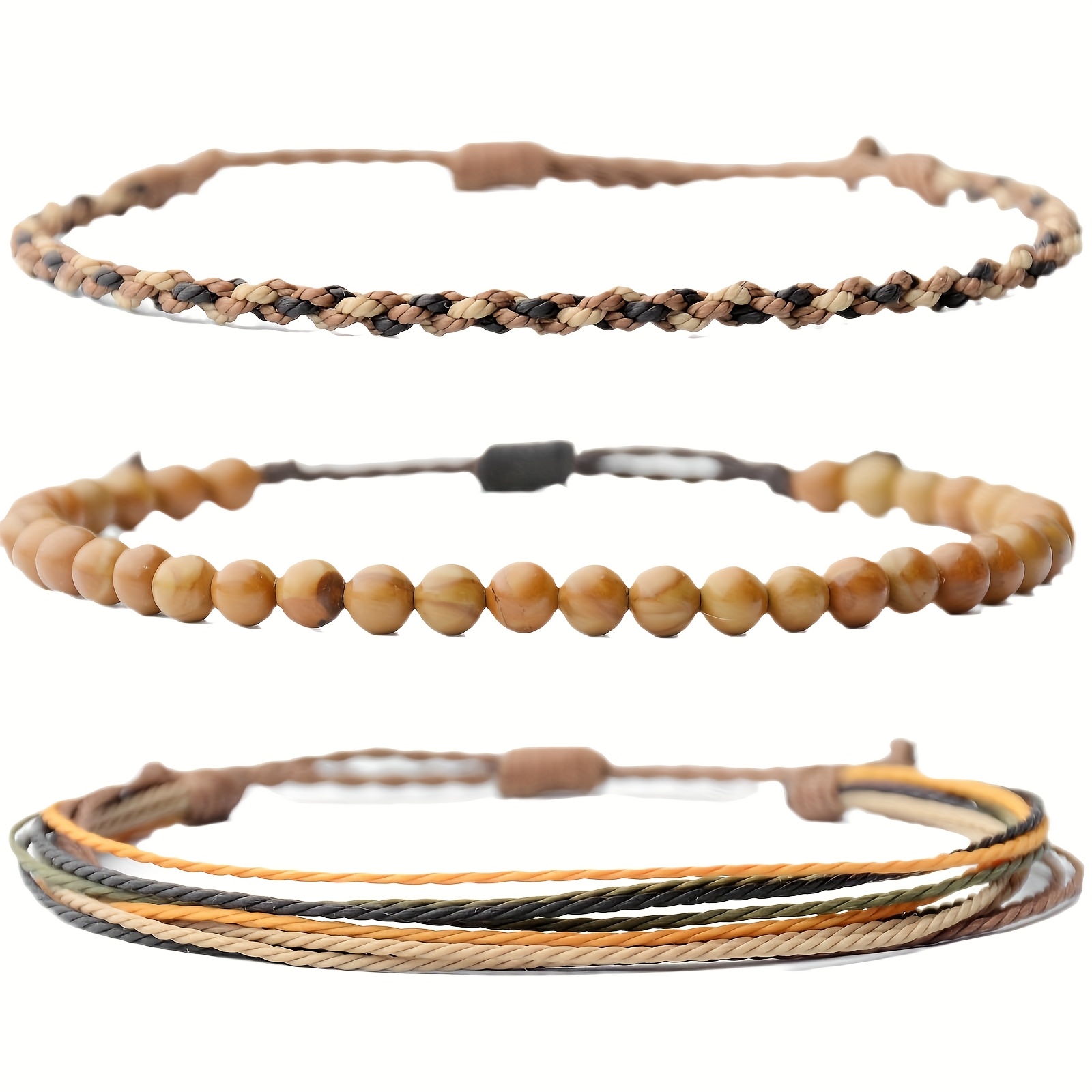 Tigerauge-Armreif-Set, handgeflochten, gedrehter Seilknoten, Vulkanstein, 3-teilig, gedrehter Seilknoten, Tigerauge-Armreif-Set