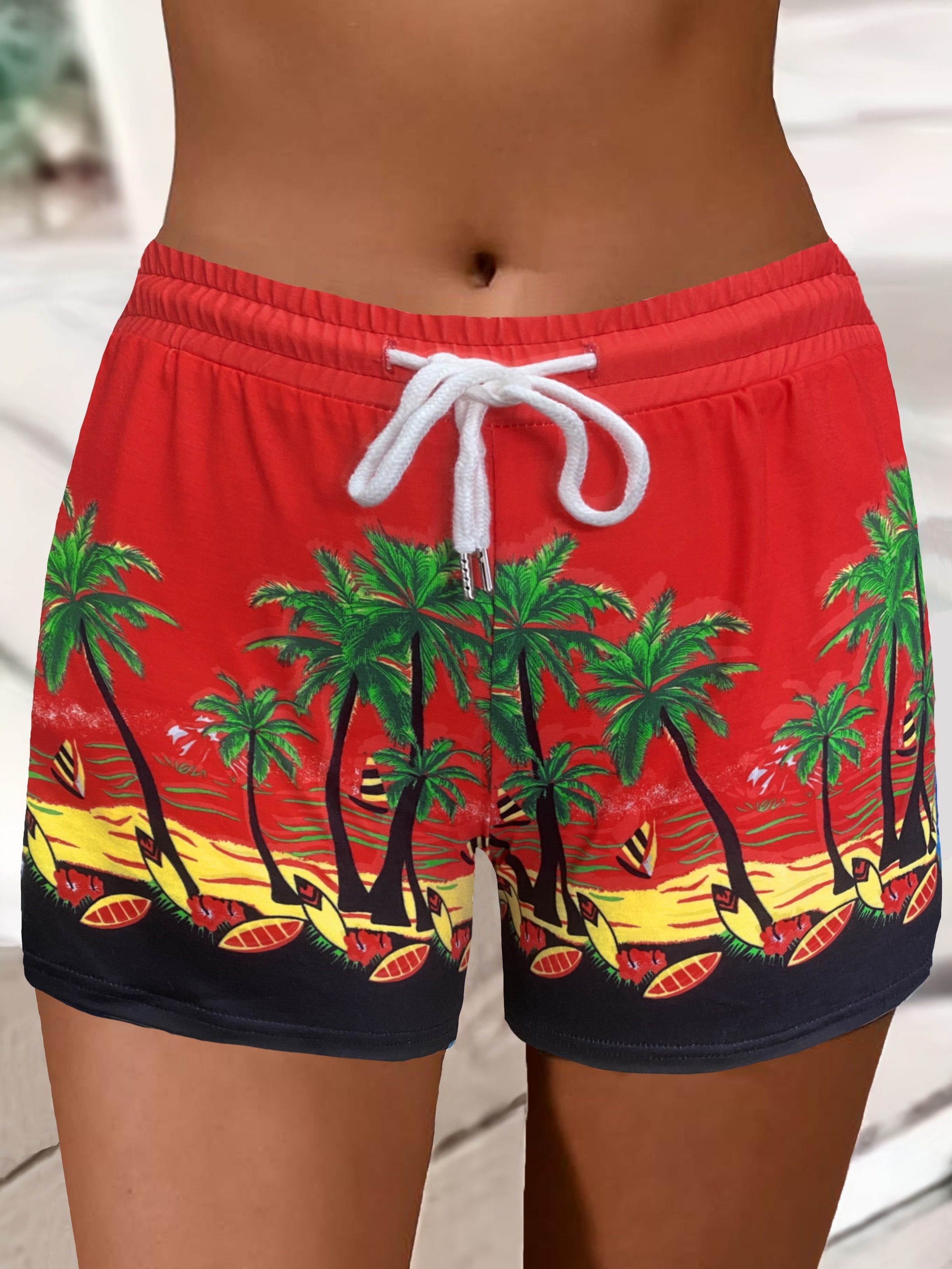 Coconut Tree Print Drawstring Shorts Casual Elastic - Temu Australia