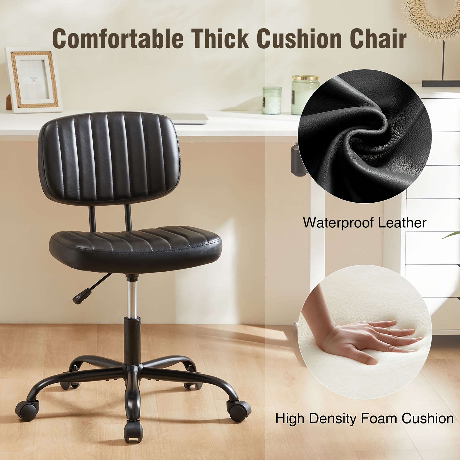 Small Desk Chair Armless, Comfortable Office Chair with Wheels, Rolling Task Chair with Low Back Lumbar Support, Vanity Chair for Bedroom Living Room Study Room, PU Leather 3 Small Desk Chair Armless, Comfortable Office Chair with Wheels, Rolling Task Chair with Low Back Lumbar Support, Vanity Chair for Bedroom Living Room Study Room, PU Leather - Image 3