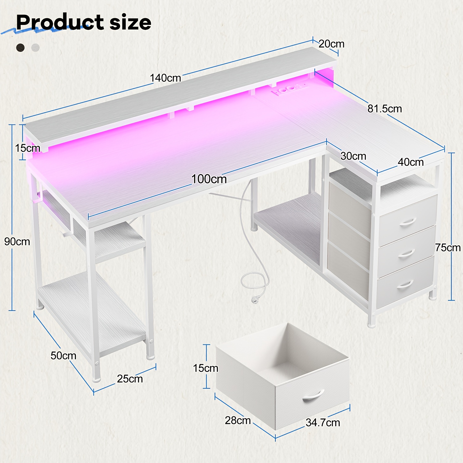 Image of Desk With 3 Drawers, L-shaped Gaming Desk With Led Lights, With Monitor Stand, Usb Charging Port And Socket, Reversible Gaming Desk With Storage Space, Suitable For Home Office And Gaming