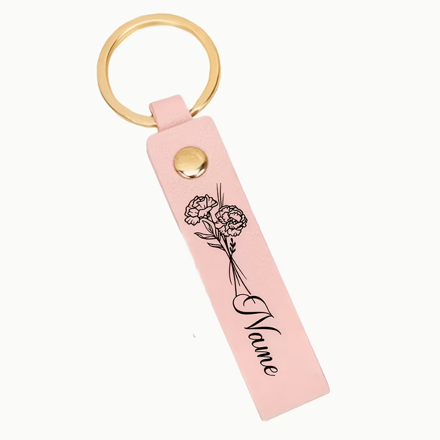 TEMU Personalized Pu Leather Keychain, Custom Name Birth Flower Key Ring, Customized Engraved Name Pu Leather Key Holder, For Women Birthday Present