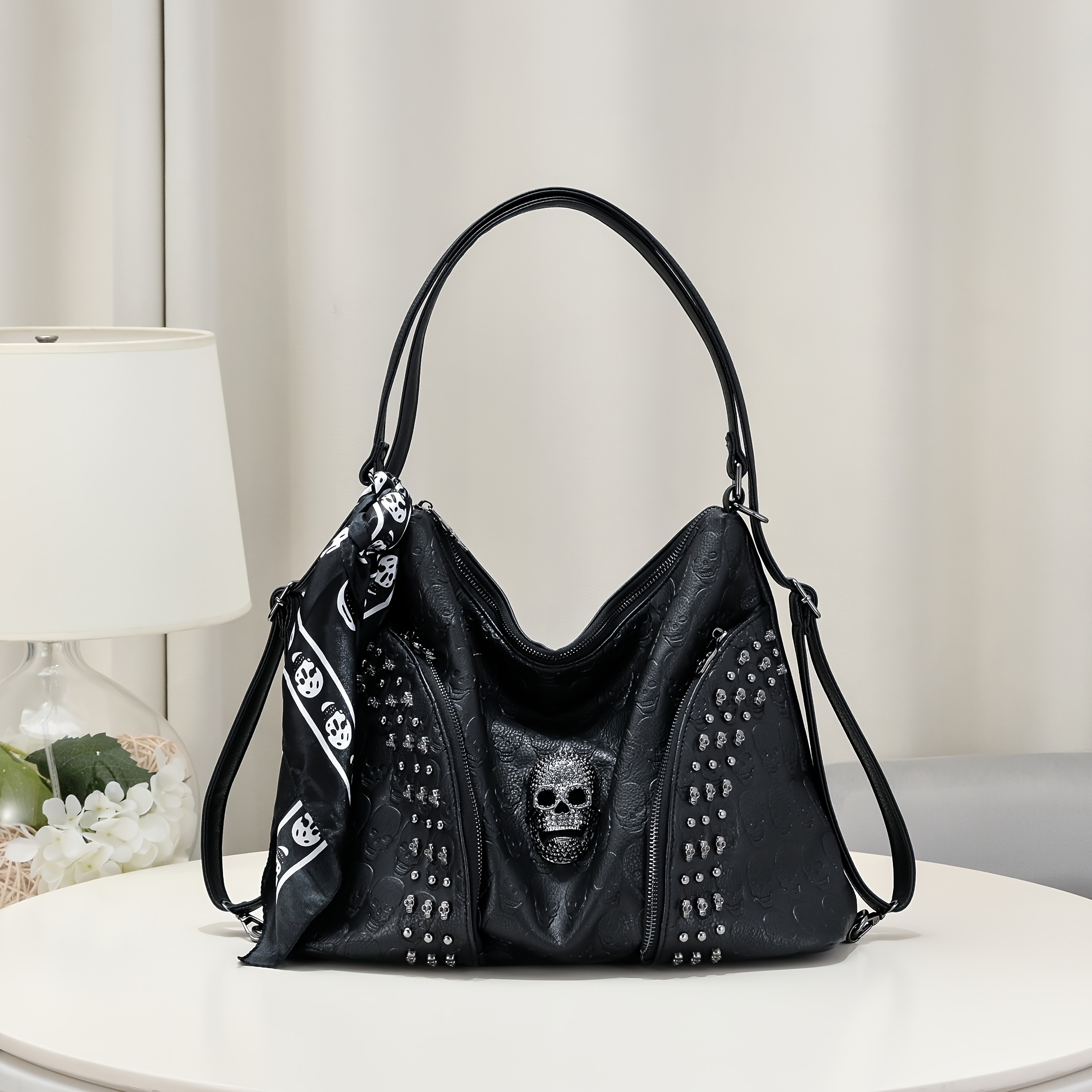 Image of 2025 New Wo Pu Patent Handbag - Adjustable Shoulder Strap, Zipper Closure, Retro Steampunk Multi-grain Skull Design, Large Capacity Handbag For Casual & Party, Black