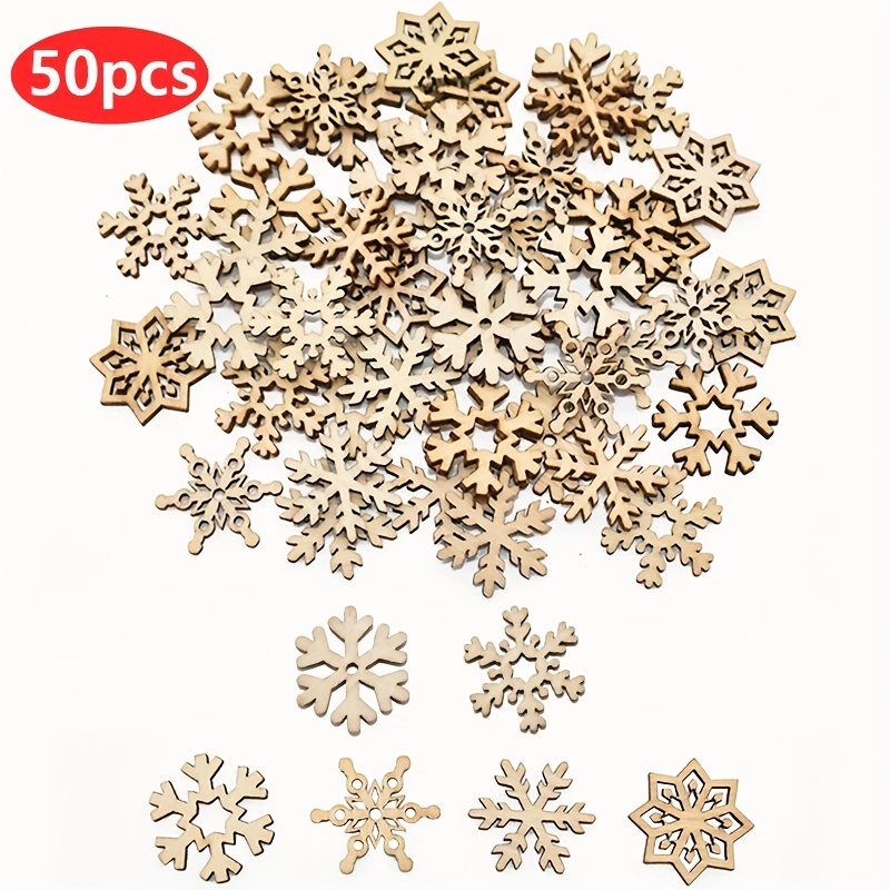 Image of A Pack Of 50 Mixed Wooden Snowflake-shaped Pieces For Decoration, Perfect For Holiday Christmas Tree Ornaments, Suitable For Weddings, Home Parties, And Festive Hanging Decorations