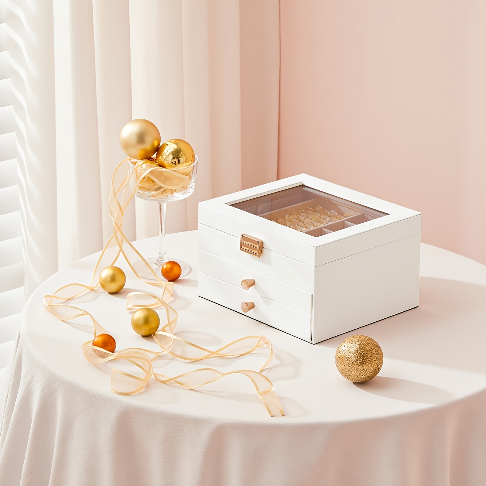 Image of Jewelry Storage Solution With , Featuring A Velvet Interior And A Foldable Top, Includes 2 Drawers And Panel, Ideal For Storing Necklaces, Bracelets, Rings, And Watches, In White, Jewelry Boxes