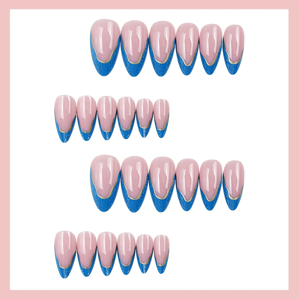 TEMU 24pcs Medium Almond Press-on Nails Nude Pink Blue Cat-eye Manicure With Irregular Gilded French Style Luxurious Cool And High-end False Nails