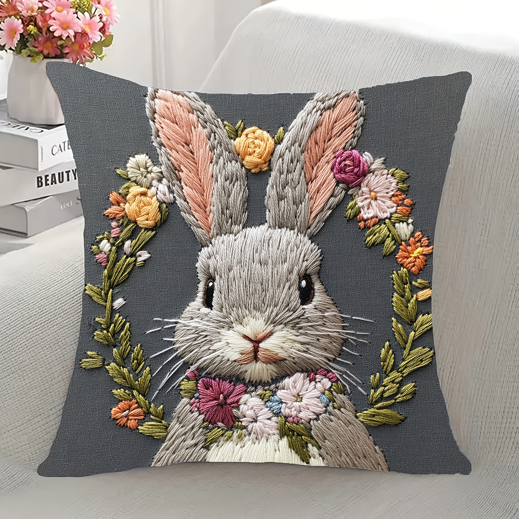 

1pc, Contemporary Style 18x18 Inch Polyester Short Plush Embroidered Easter Bunny Pillow Cover, Machine Washable, Zipper Closure, Woven Decorative Cushion Case For Home, Sofa, Bedroom - Adas3260