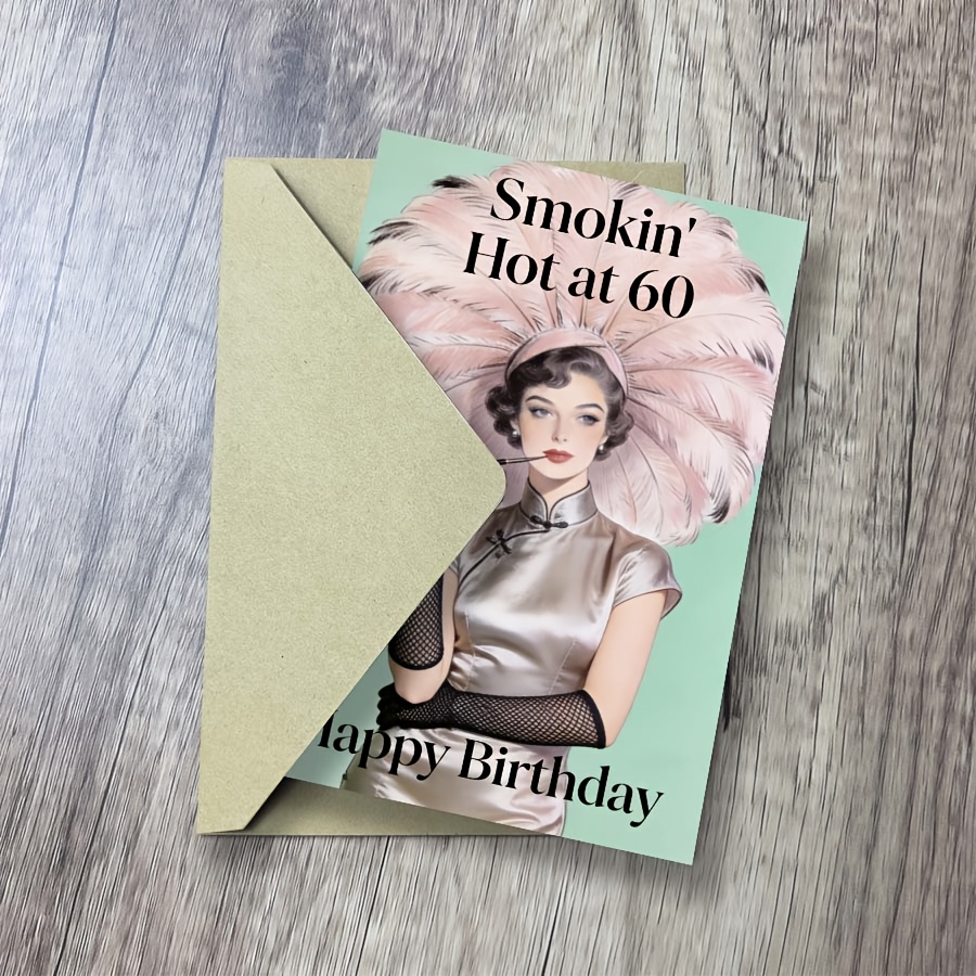 TEMU Retro Style Female Figure With "smokin' Hot At 60" And "happy Birthday" Text, Suitable For 60th Birthday Greeting Card, For Elders Or ,