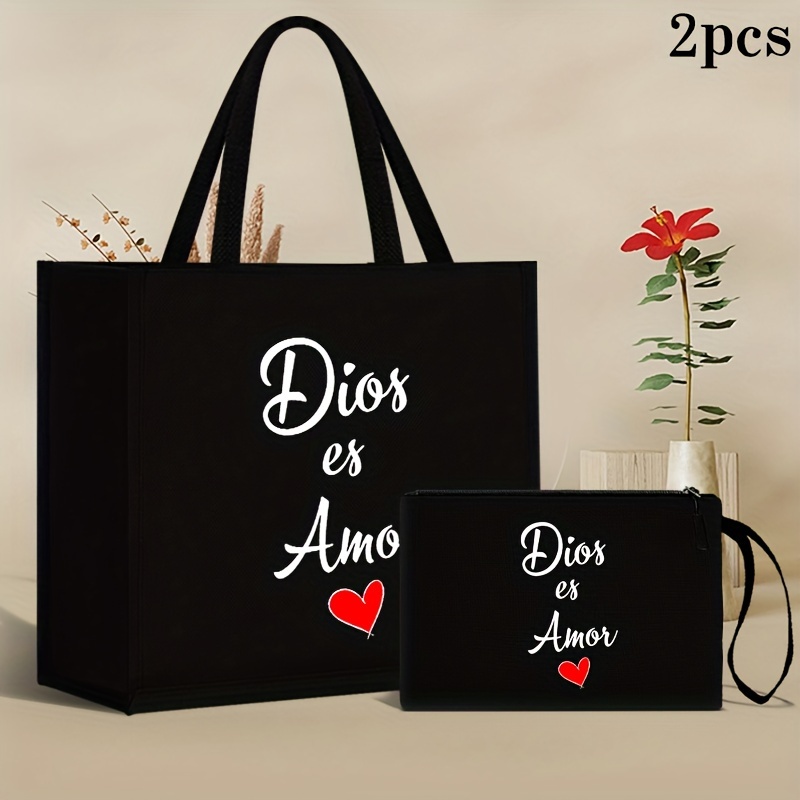 

2pcs Elegant Large Capacity Tote Bag And Makeup Pouch Set, Fabric Bag Perfect For Travel And Beach