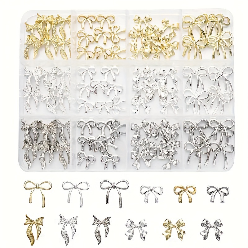 

120pcs Assorted Silvery & Bows Charms, 12-grids Box, Alloy Bow-knots Ribbon Butterfly Nail Art Charms, Nail Studs Accessories Kit For Acrylic Nails, Fragrance-free