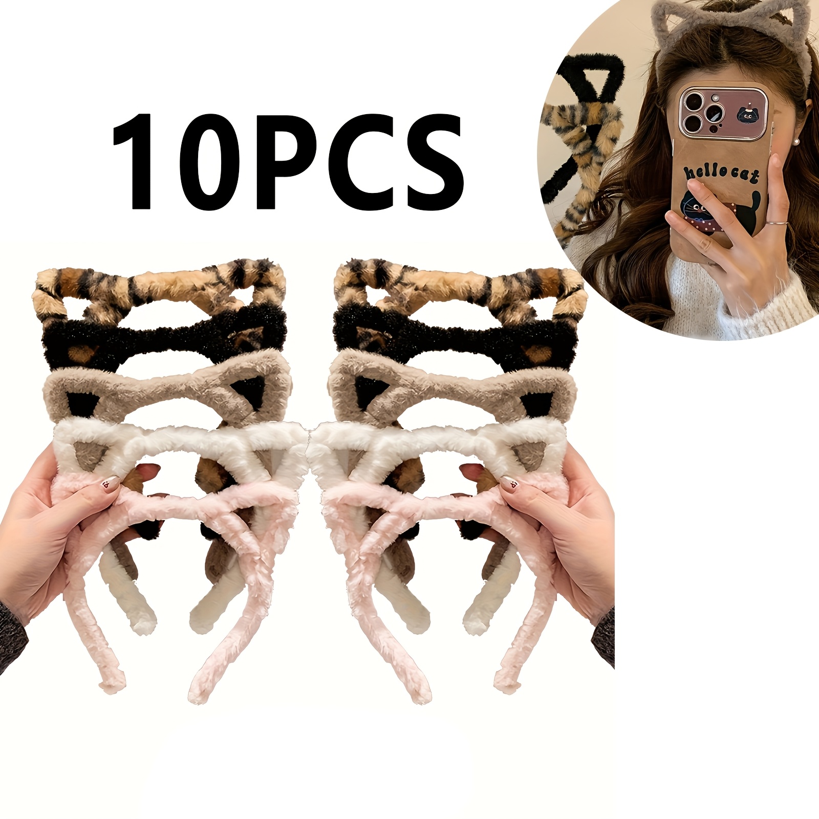 TEMU 10 Leopard Print Plush Cat Ear Headbands - Cute Vintage Style Hair Additions For Women, Makeup, Washing Face, And Outdoor Use
