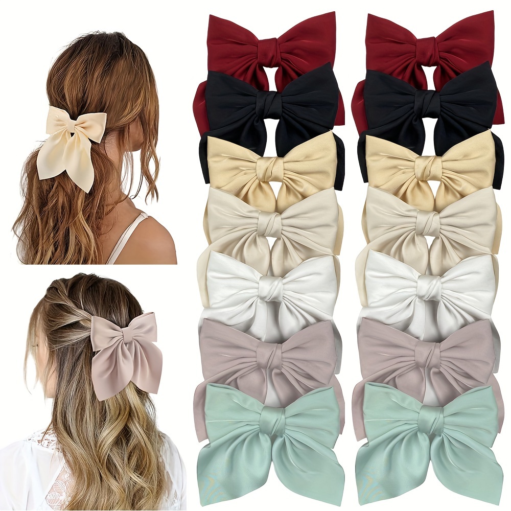 

Elegant 14pcs Satin Bow Hair Clips Set - Large, Solid Color Barrettes For Women & Girls, Halloween & Everyday Styling