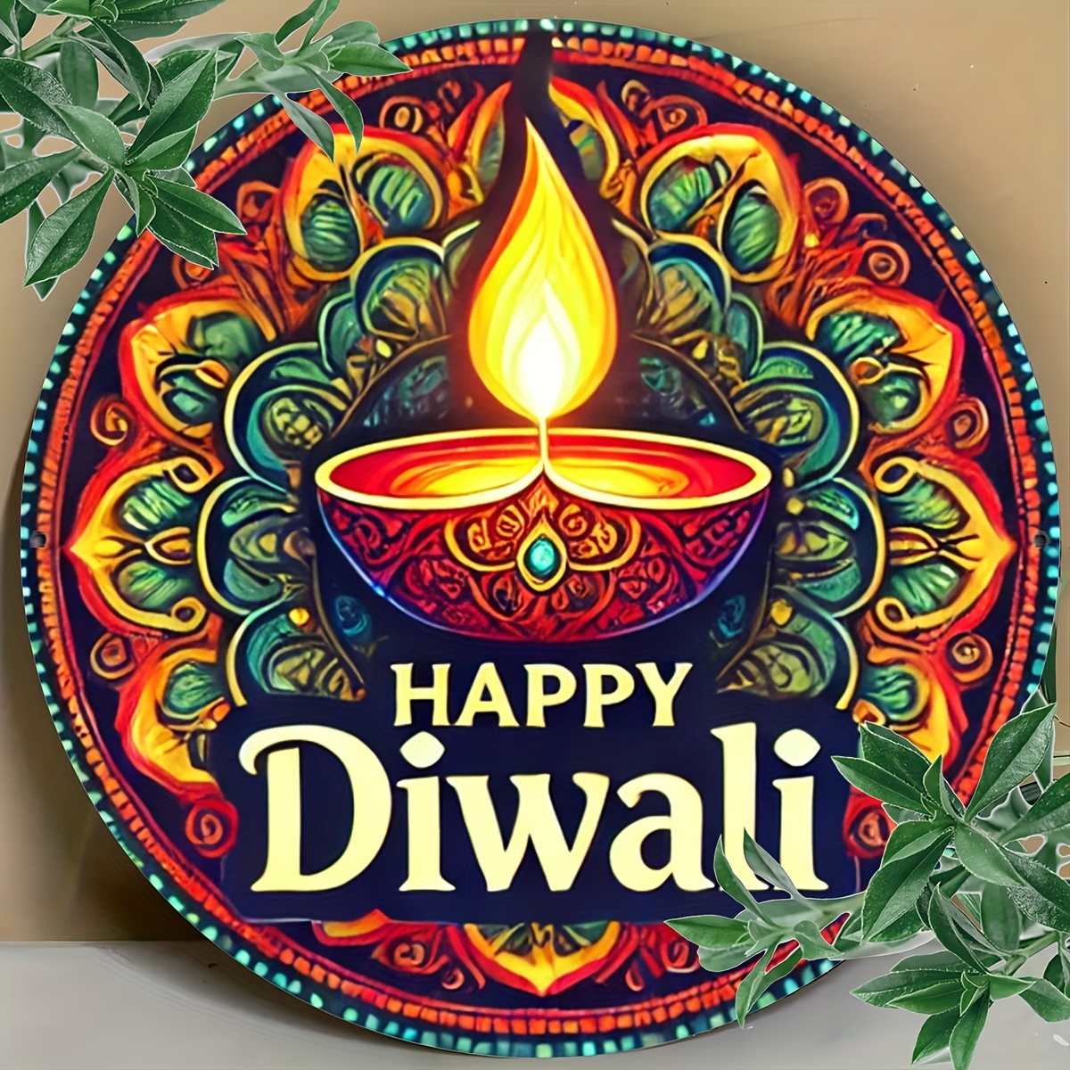 

1pc Happy Diwali Aluminum Metal Sign - 8x8 Inch Round Foil Engraving Wall Art For Home, Cafe, Apartment, Restaurant & Living Room Decor, Festive Gift