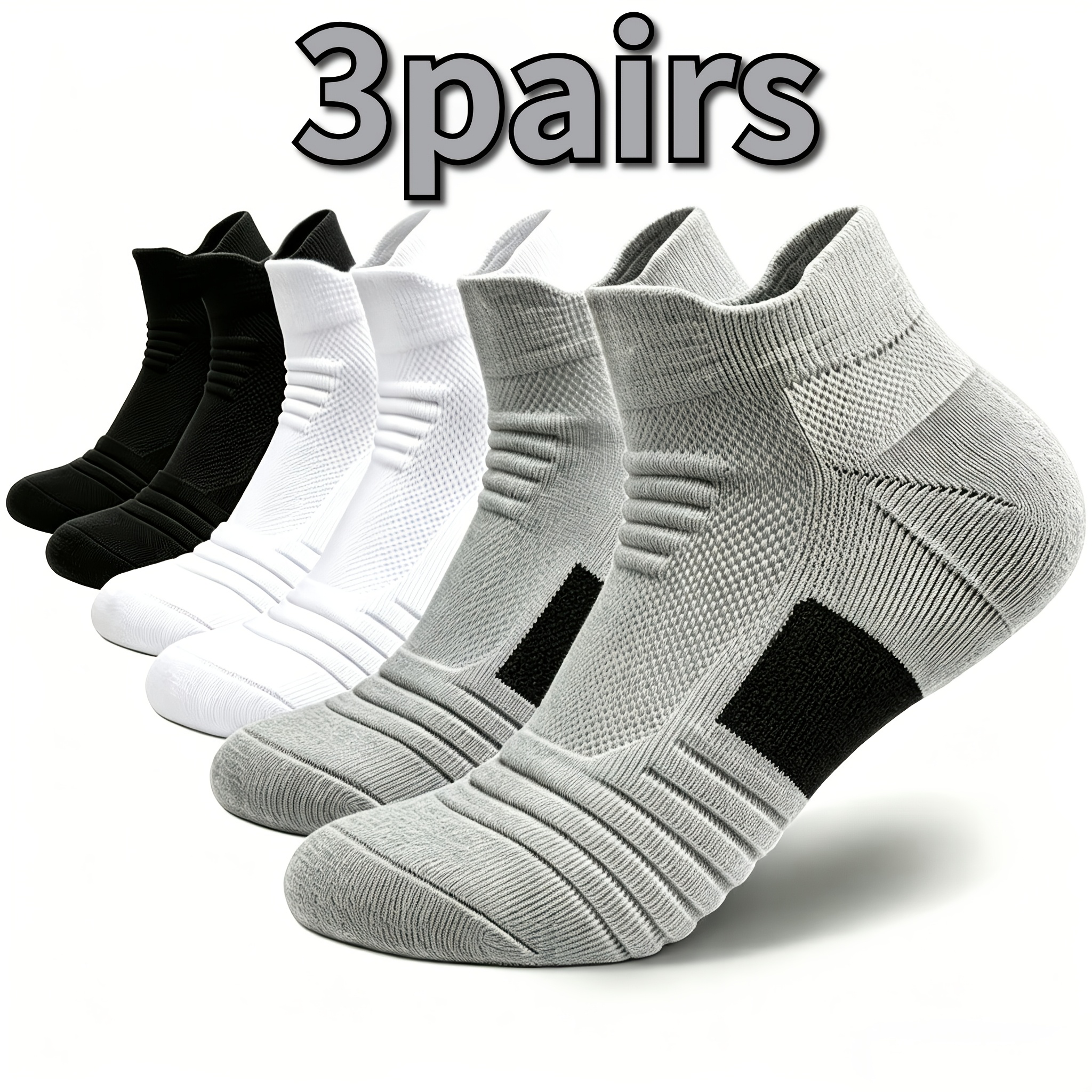 TEMU 3-pair Men's Spring Summer Autumn White Gray , Breathable Running, Anti-wear Arch Support Low-cut Athletic Short Socks