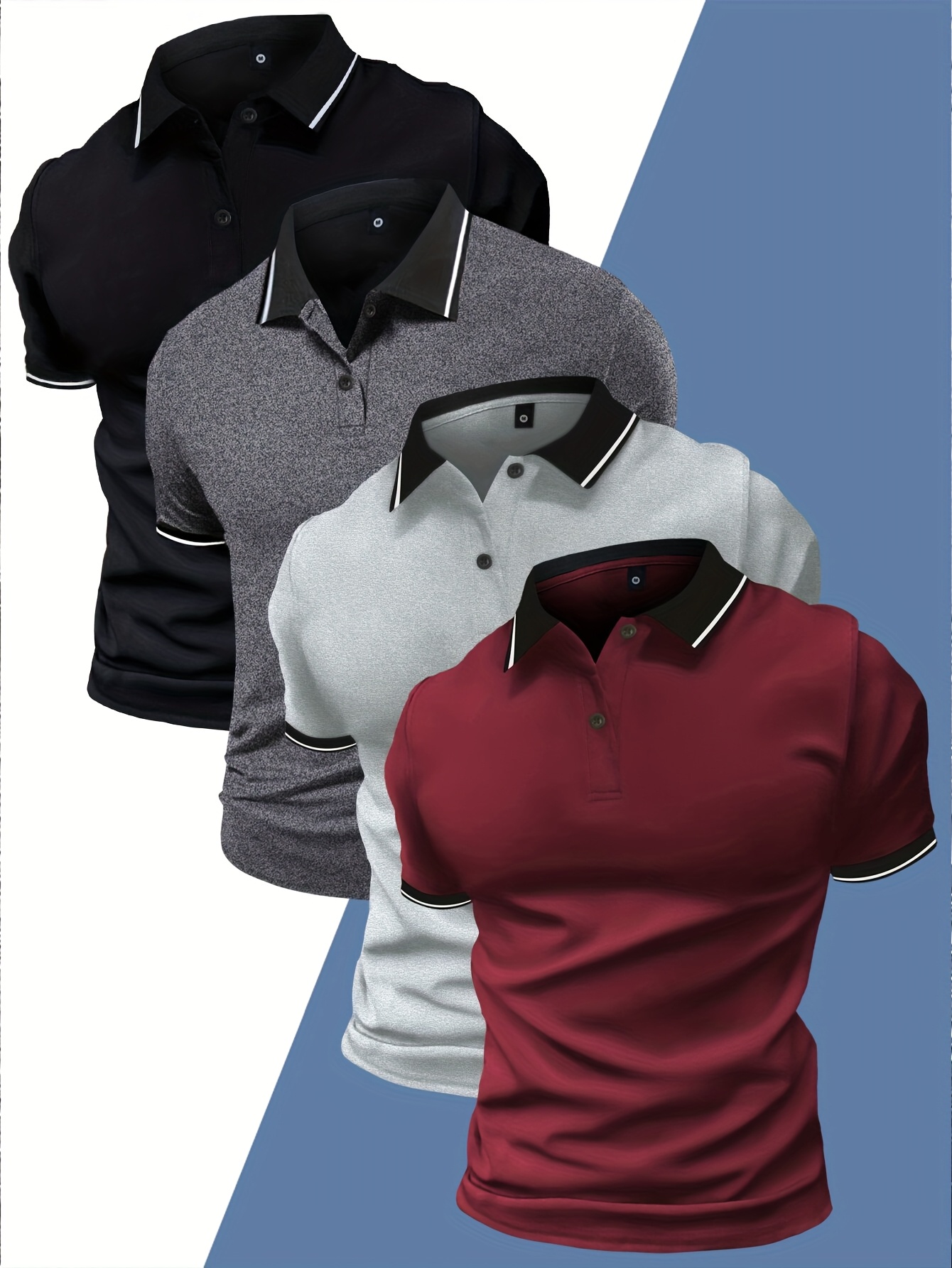 4pcs Men's Summer Shirts - Casual Short Sleeve, Solid Color with Contrast Trim, Lightweight Polyester Blend, Ideal for Sports & Leisure, Shirts for Summer