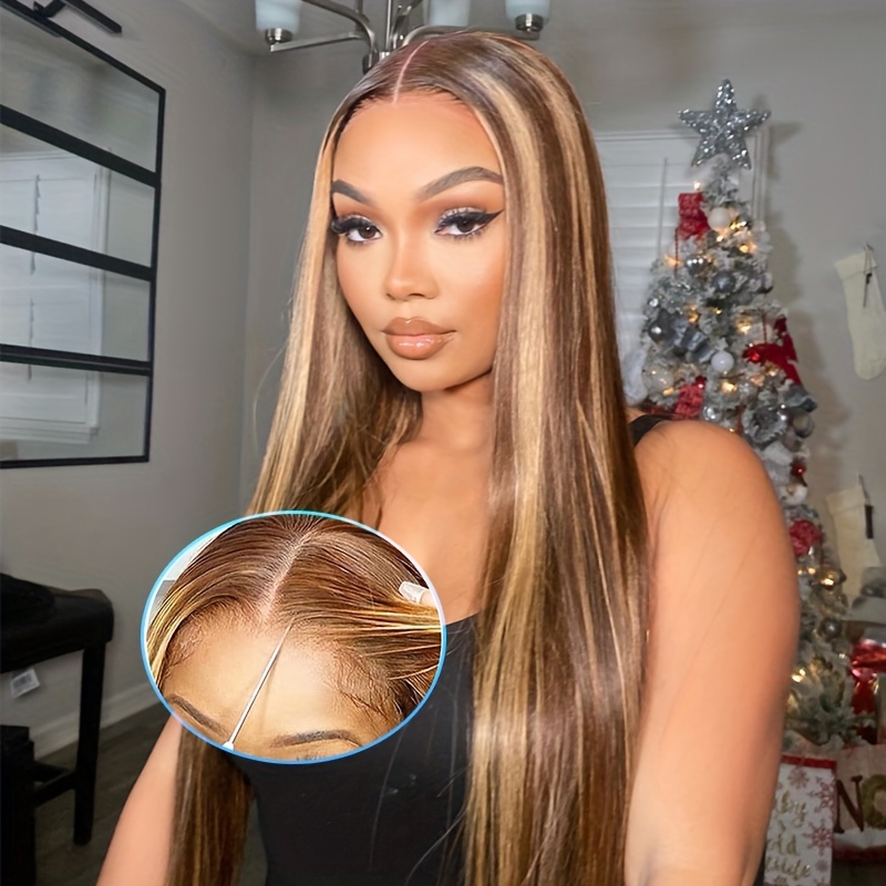 

Glueless Wig Highlight Straight Hair Wigs 5x5 Hd Lace Closure Glueless Wigs Human Hair Pre Cut Pre Plucked 3s Ready To Wear For Beginners P4/27 Brown Mix Honey Blonde 150% Density