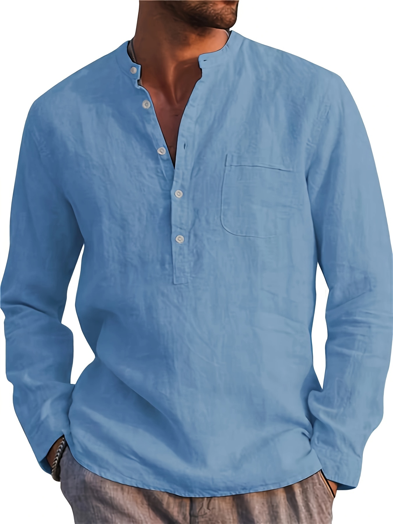 Cotton Blend Henley Shirt *'s Casual Long Sleeve Button Up Stand Collar  Henley Shirt For Spring Summer