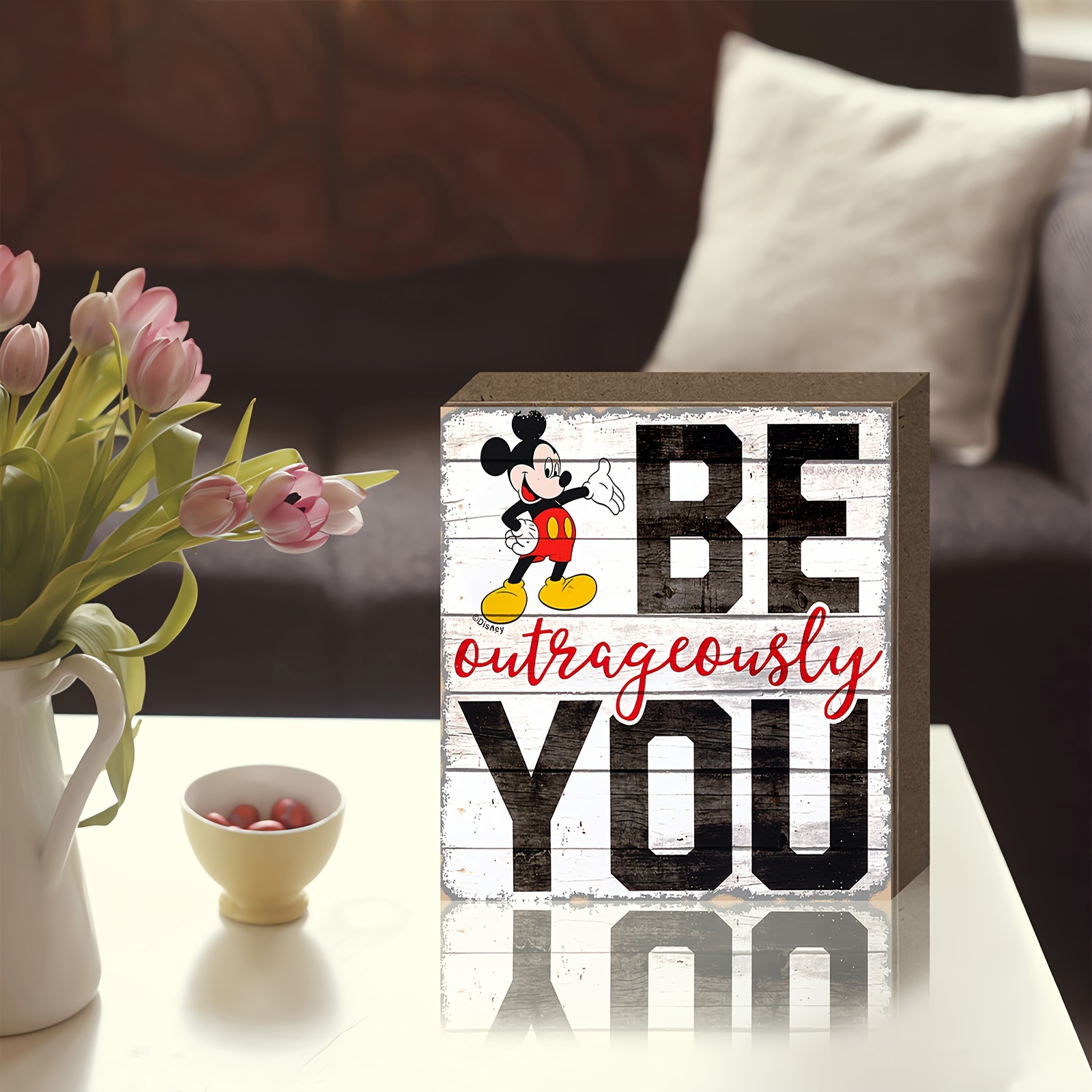 

1pc Disney Mouse "be Outrageously You" Wooden , 5.2x5.2 Inches, Art , Pop Theme, Multipurpose Tabletop Decor For Home, Office, Studio, English Text, No Battery Required