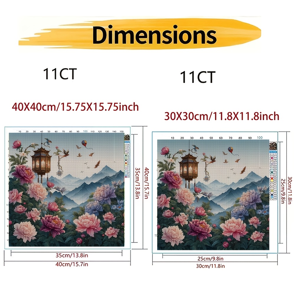 Frameless Cross-Stitch Printed Kit, "Peonies, Lanterns, and Landscape" Design