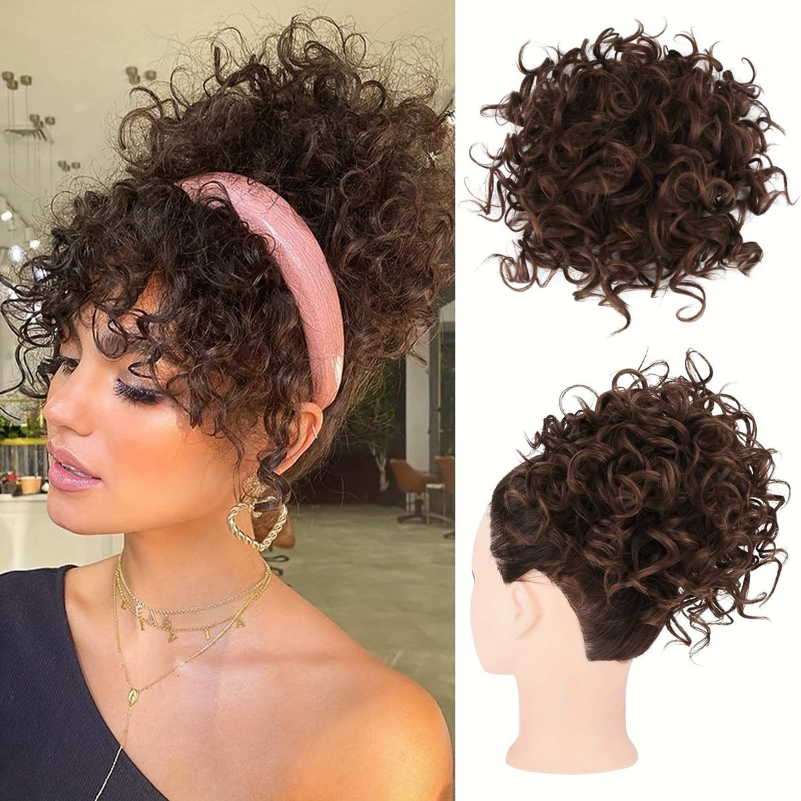 1pc Messy Bun Elastic Draw Rope Loose Wavy Big Curly Bun 60g Short Synthetic Ponytail Hair Extensions Ladies Daily Use - Black