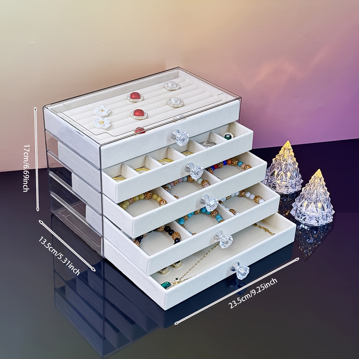 5 tier jewelry organizer box with transparent lids soft fabric lined compartments beige contemporary desktop storage for rings bracelets necklaces durable plastic multi use display case jewelry organizer storage polished   clear lid design jewelry boxes Product details 1
