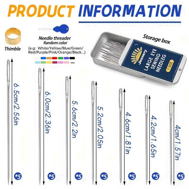 35pcs Large Eye Sewing Needles, 7 Size Sewing Sharp Needles For Handsewing, Stainless Steel Yarn Knitting Needle With Threader, Thimble For Crafts, Repair, Quilting