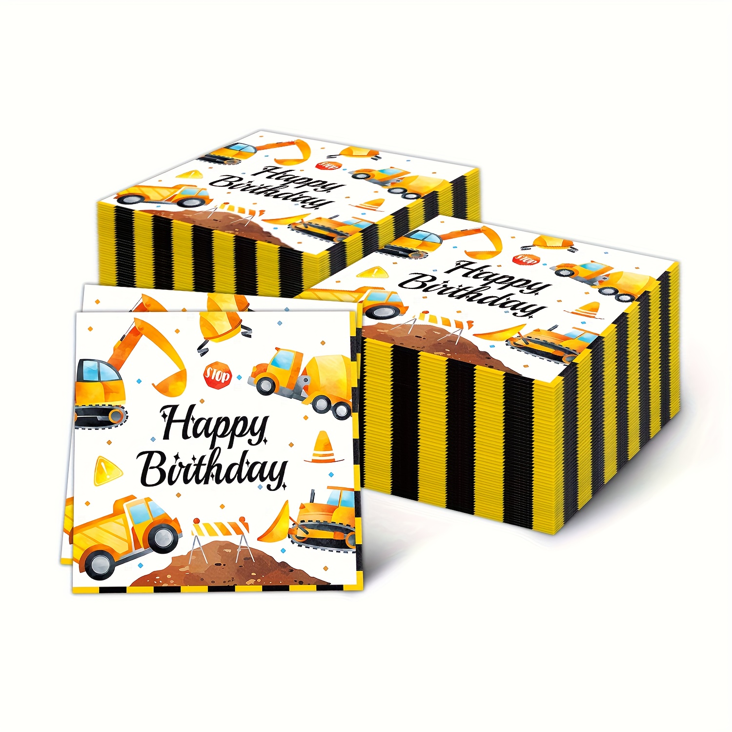 E-shop 20 Stück Baumaschinen-Geburtstagsparty-Servietten - Schweres Maschinendekor mit Kipplastern, Baggern & Bulldozern, ‚Happy Birthday‘ Text –
