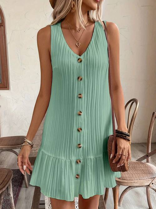 ärmelloses sommerkleid für damen mit rüschenbesatz und knopfleiste vorne