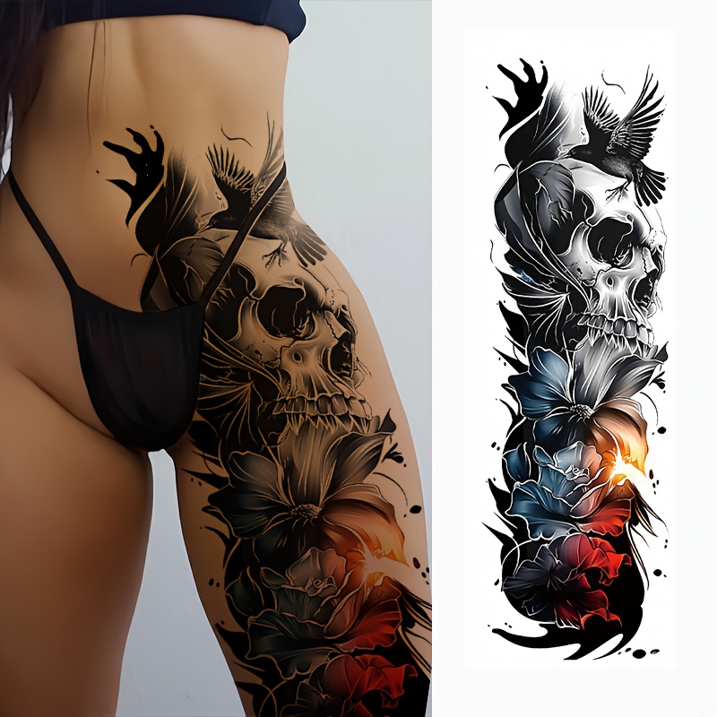 1pc Large Gothic Temporary Tattoo Sticker - Skull, Dark Blood Rose, Dove & Bird Design, Realistic Black Arm/Leg Tattoo for Parties, Photoshoots & Date