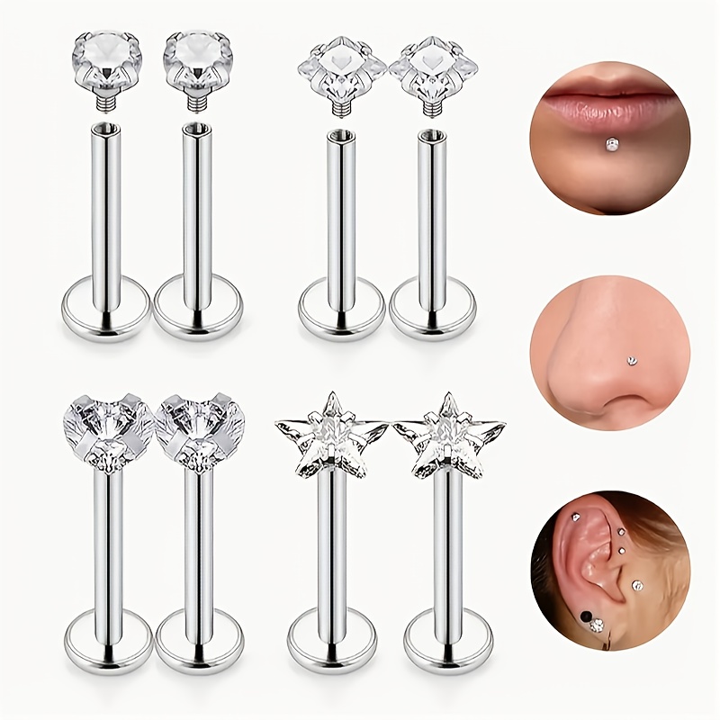 Image of 8 Stainless Steel Lip Rings With Clear Zirconia, Geometric Basic Piercing Set, Suitable For Cartilage, Lip, Nose, Non-plated Synthetic Zirconia Jewelry, Suitable For Men And Women' Wear