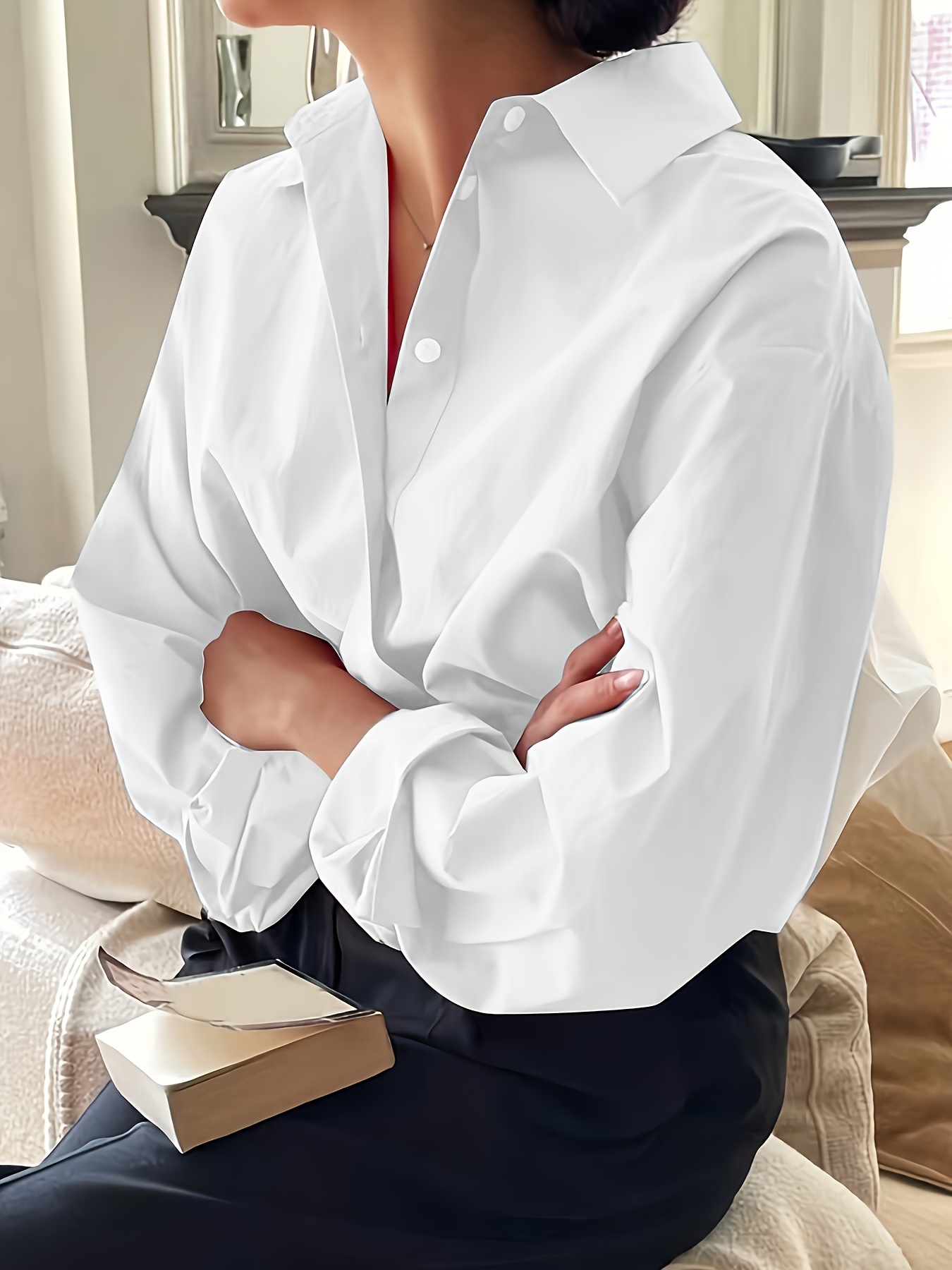 plus size womens elegant casual business long sleeve shirt classic collar button up blouse solid color non see through fabric machine washable   versatile for office casual attire everyday elegant shirt   shirt nonstretch fabric