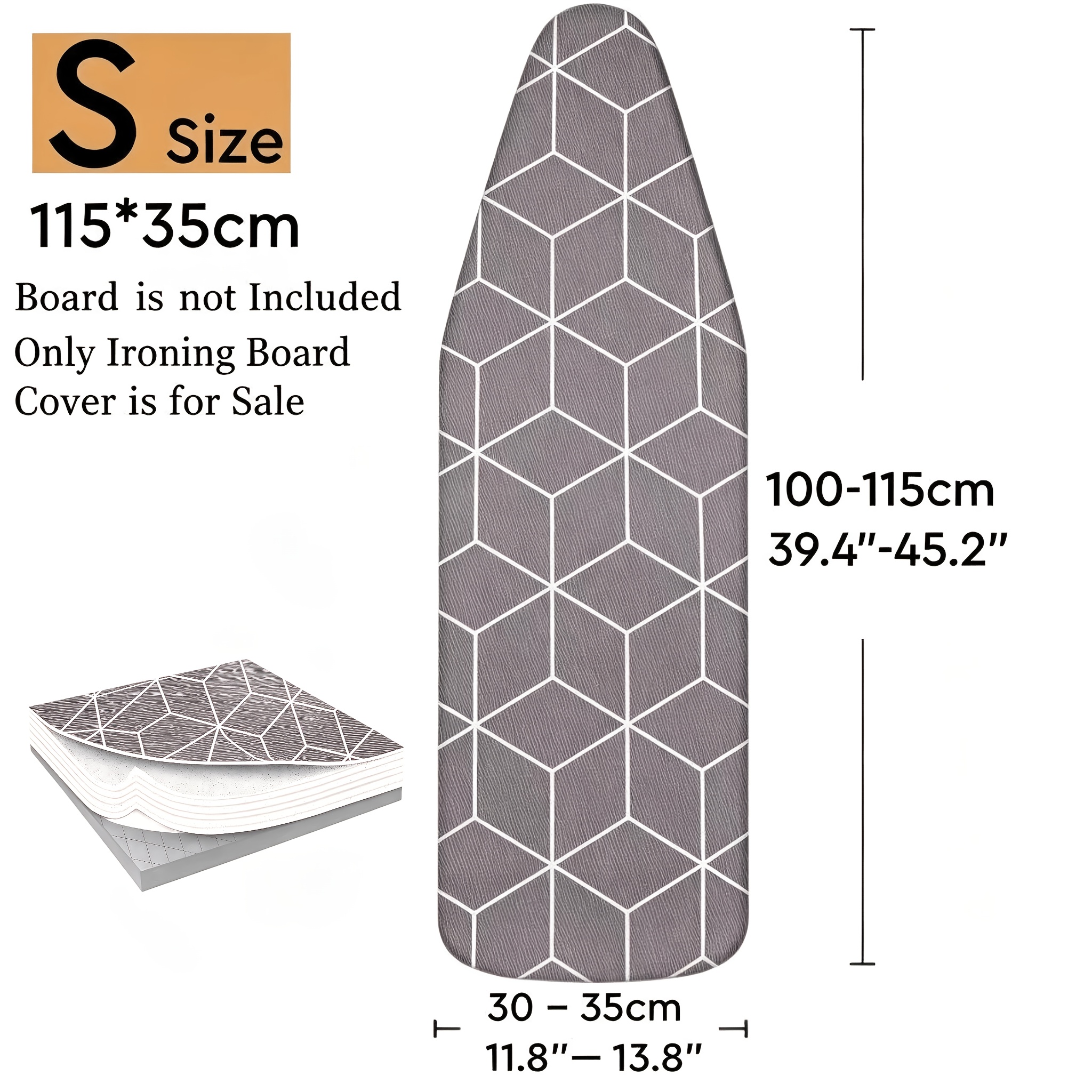 TEMU 1pc Grey Geometric Cube Pattern Ironing Board Cover, Thick Felt Heat Resistant Ironing Pad With Adjustable Elastic Rope, Proof Replacement,