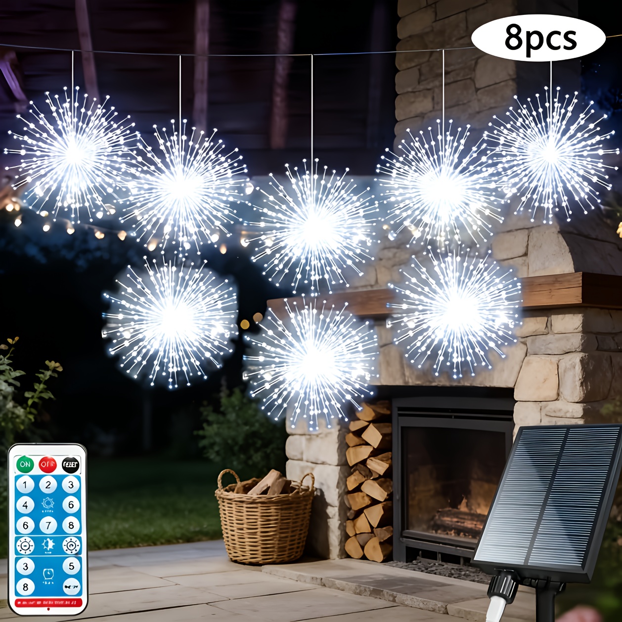 TEMU 8pcs Of Solar Outdoor Fireworks Lights | 580 Led Sparkling Starburst Ball Lights, Warm White//white, 8 Of Copper Wire Light String, Suitable For