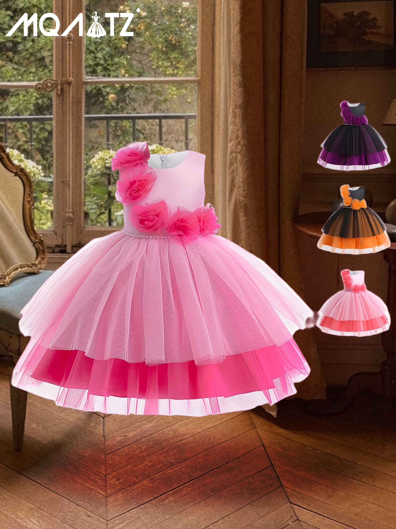 Girls Peach Dress Birthday Party Princess Dress Beaded Puffy