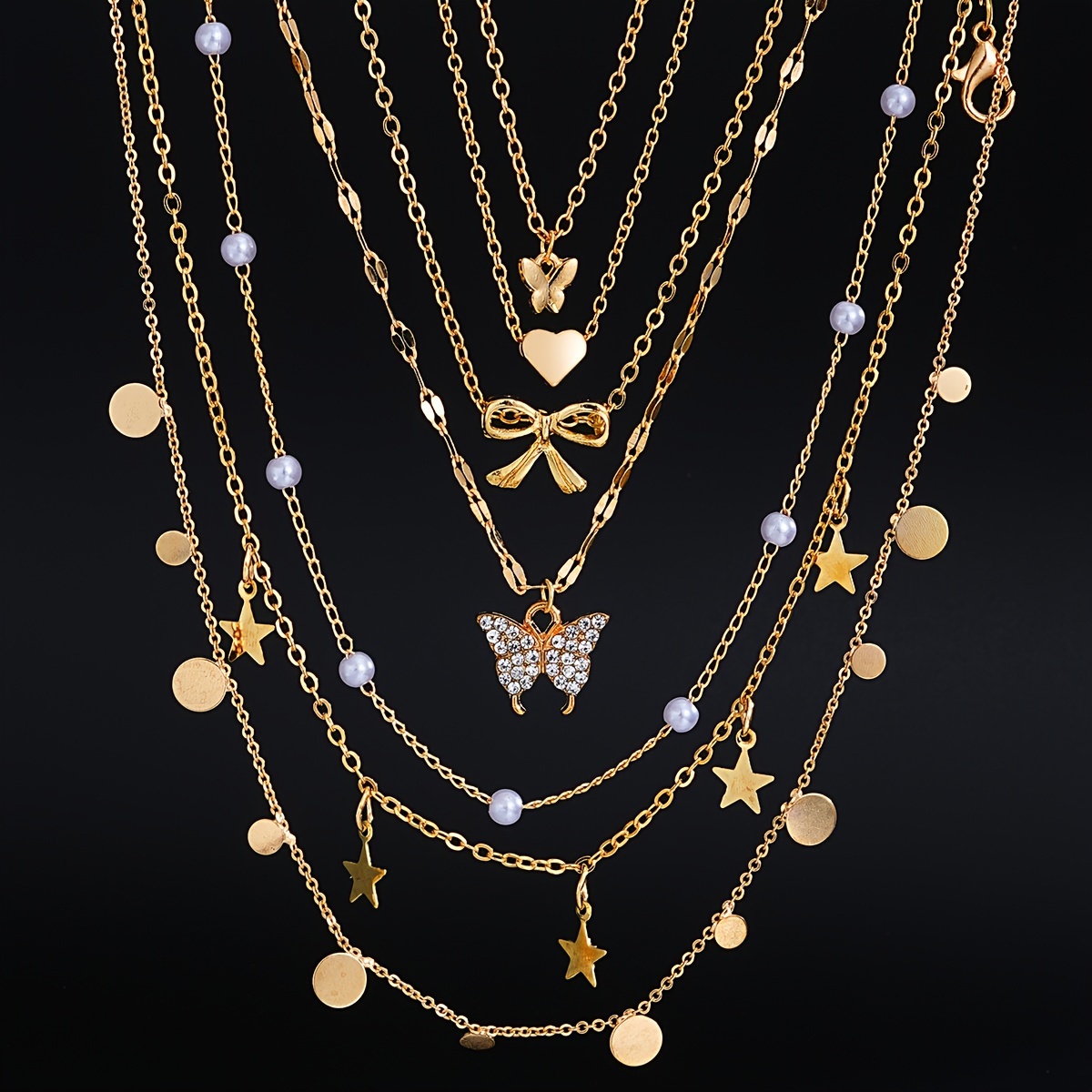 7pcs Vintage Rhinestone Butterfly, Heart, Bow Pendant Necklace Set