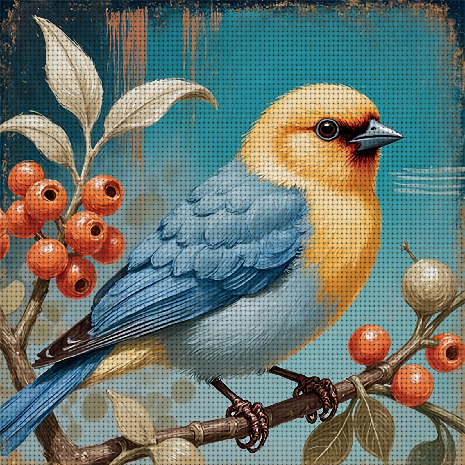 Cross Stitch Kit "Colorful Bird on Berry Branch" Pattern, Ideal for Beginners