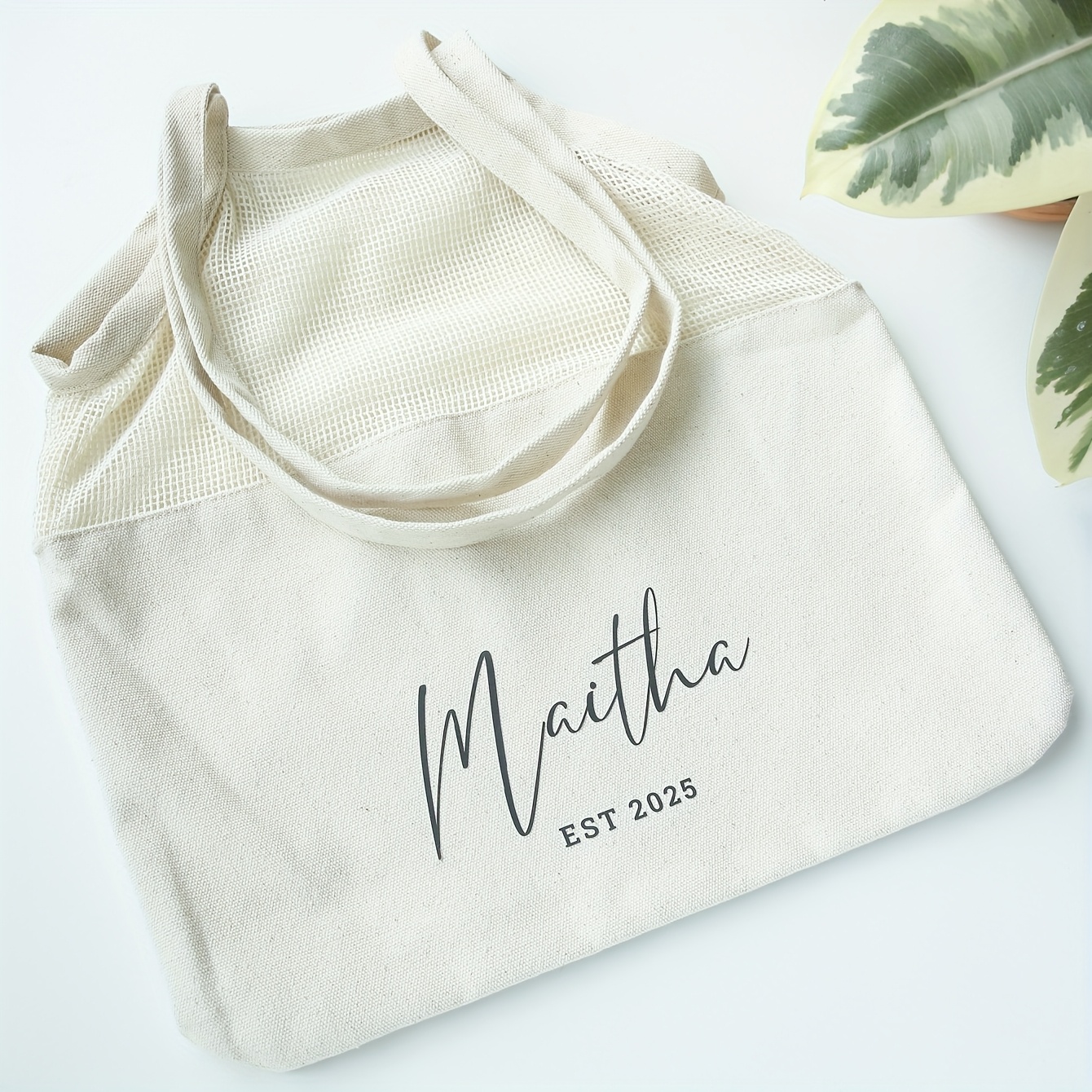 TEMU 1pc Customized Name Mesh Bag With Long Handle, Personalized Name & Date, Foldable Shopper Tote, Reusable Washable Summer Beach Bag, Bridal