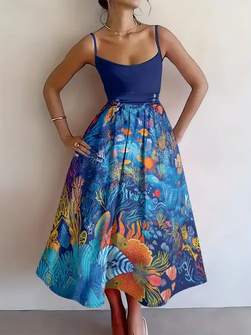 plus size women's lightweight maxi dress with cinched waist - sleeveless spaletto straps, blue fish print & flared hem, machine washable resort beach dress for spring summer fall casual , cute summer plus size women's lightweight maxi dress with cinched waist - sleeveless spaletto straps, blue fish print & flared hem, machine washable resort beach dress for spring summer fall casual , cute summer