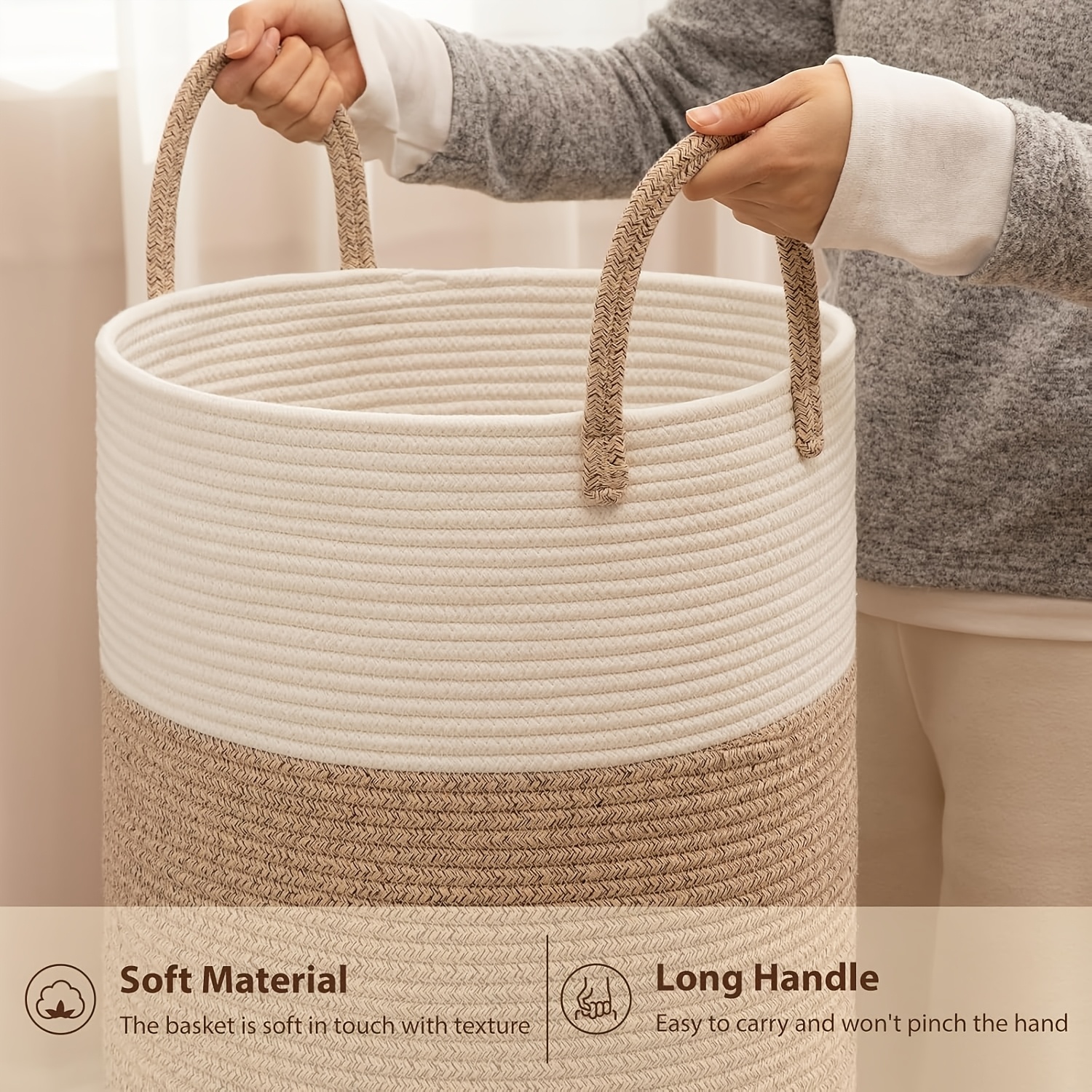 Large Laundry Basket Hamper - 60L Rope Woven Storage Basket for Blankets, Clothes - Tall Decorative Nursery Hamper with Long Handles, Decorative Blanket Basket for Living Room, Laundry Hamper, Nursery Organizer, Beige Rope Basket, Shelf Baskets