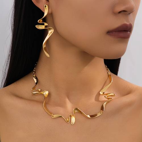item picture fashionable and versatile geometric irregular necklace and stud earrings womens jewelry set vacation wear gift