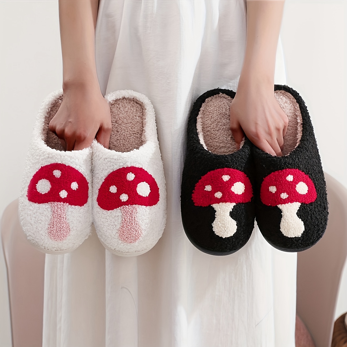 

Women's Cute Mushroom Pattern Furry Slippers, Anti-slip Soft Fashionable House Slippers, Winter Cozy Warm Shoes For Indoor Outdoor