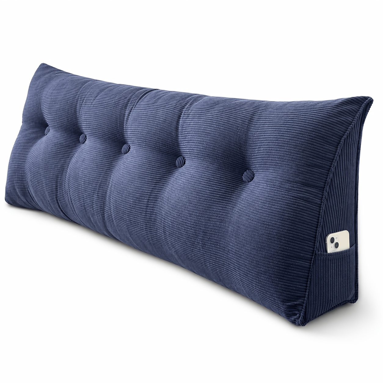 TEMU 1pc Thick Corduroy Bed Rest Pillow, Soft Triangular Headboard Backrest Cushion With Button Tufting, Side Storage Pocket And Zippered Removable