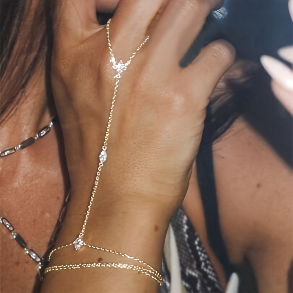 2pcs set iron chain with synthetic synthetic zirconia inlay multi layer chain ring bracelet set   fashionable and versatile synthetic synthetic zirconia multi layer thin chain wrapped bracelet set gift and vacation bracelet set