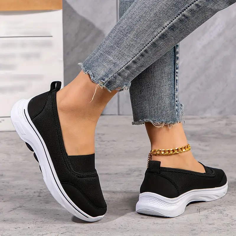 womens spring casual slip on sneakers comfortable solid color mesh fabric shoes non slip soft pvc sole low top plain toe walking shoes for middle aged and elderly details 2