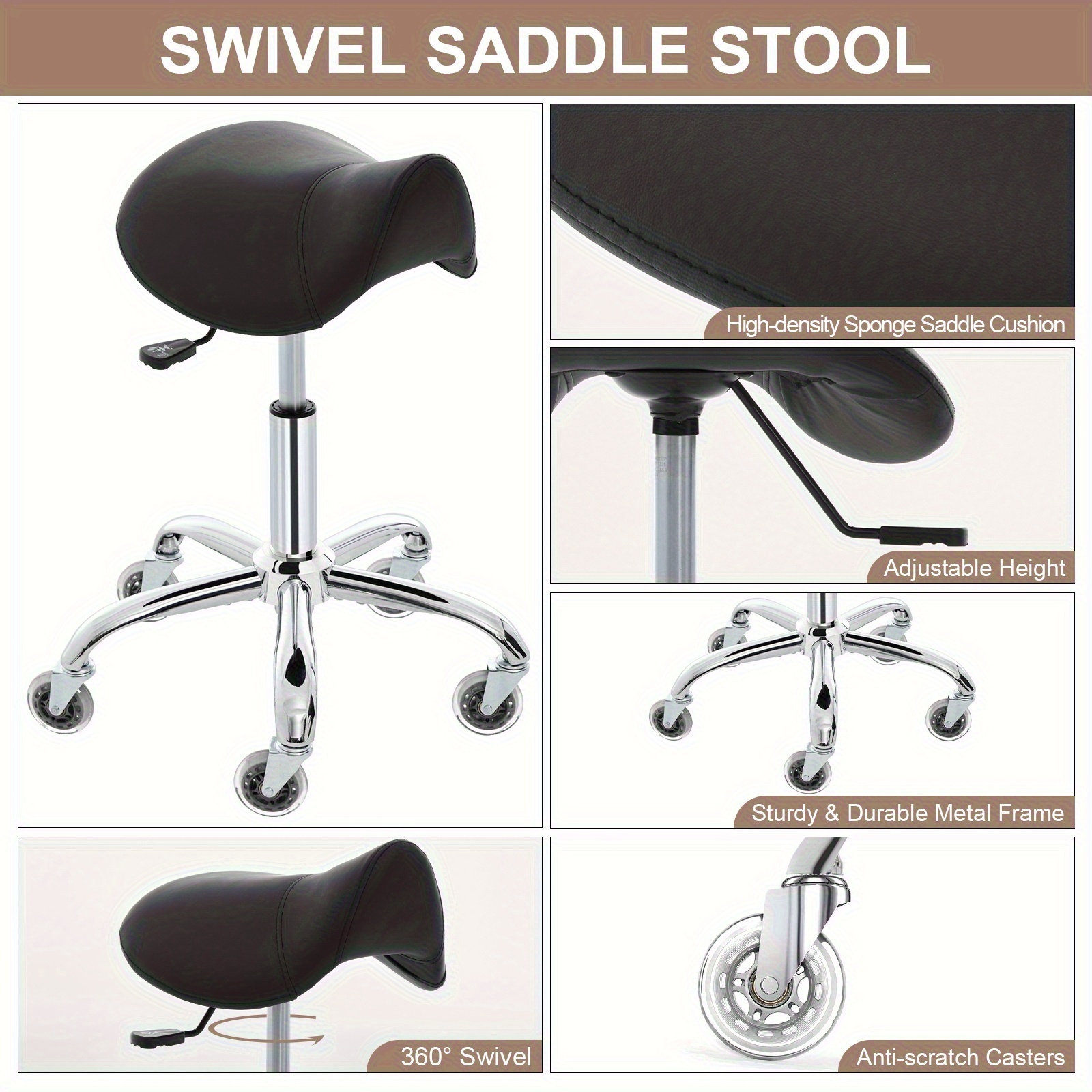 Swivel Adjustable PU Leather Chair - Ergonomic Saddle Stool with Wheels | for Drafting, Office, Clinic, Beauty & Tattoo - Metal Frame, Polished Finish, Memory Foam