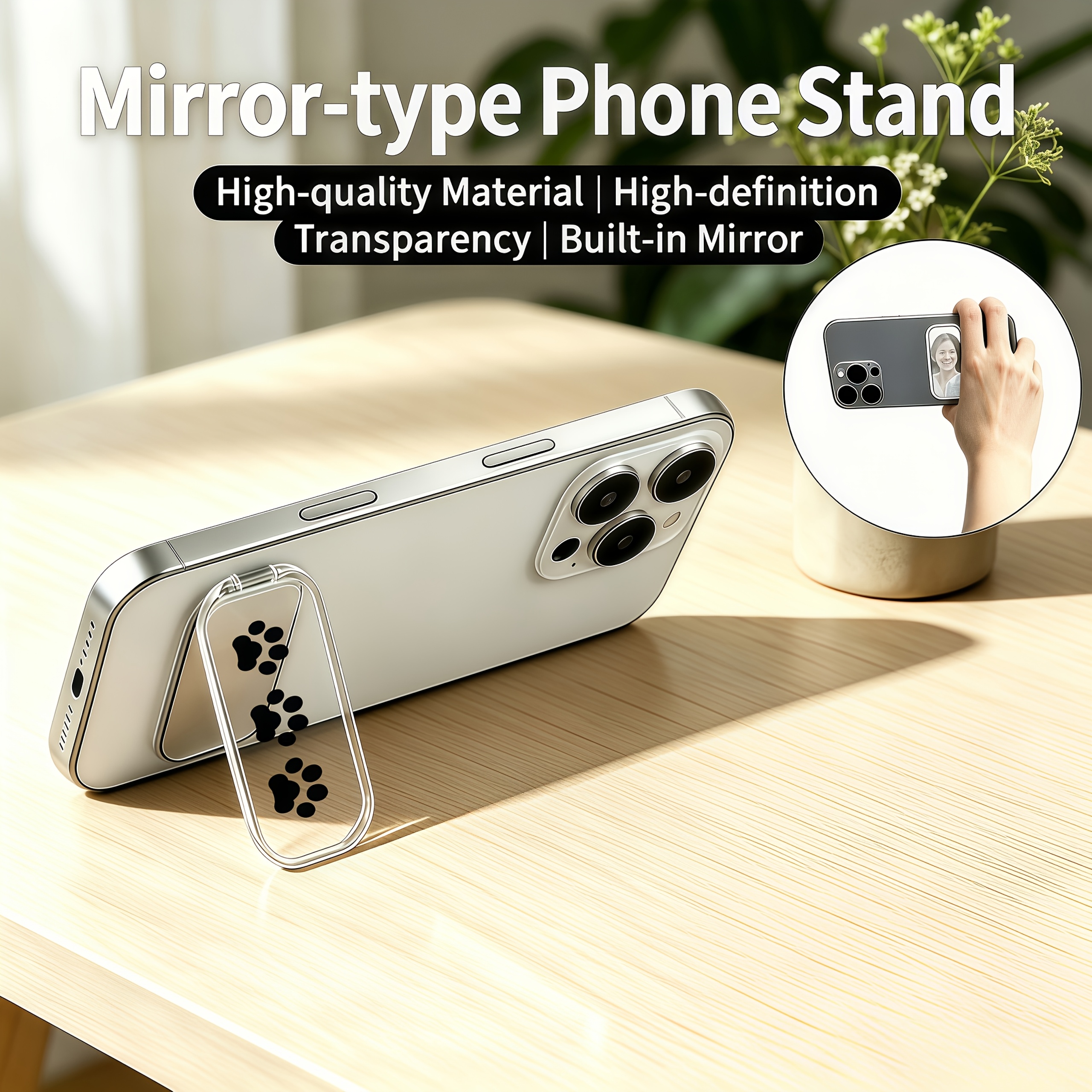 Black Cat Paw Print Pattern Transparent Phone Stand, Foldable